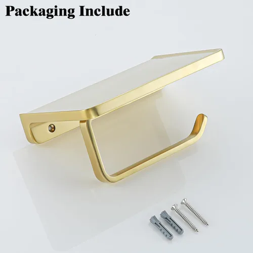 Miniatura 4 de RANDOM Portarrollos de papel higiénico dorado cepillado con estante Soporte de rollo de papel higiénico de metal sólido Gold.RD93008BG Oro cepillado