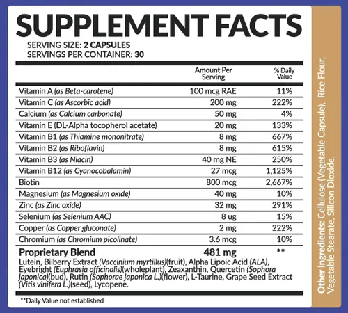 Miniatura 4 de Suplemento vitamínico para los ojos con luteína, zeaxantina, licopeno, arándano, quercetina y más, mezcla patentada totalmente natural que apoya