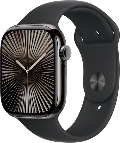 Miniatura 25 de Apple Watch Series 10 (42 mm, GPS) con caja de aluminio negro azabache, correa deportiva negra, S/M monitor fitness, app ECG, pantalla Retina Caja