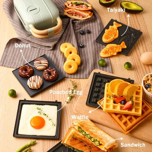 Miniatura 4 de Máquina de gofres individual 6 en 1, plancha para hacer gofres para la familia, máquina de gofres de 650 W con platos de cocción antiadherentes Verde
