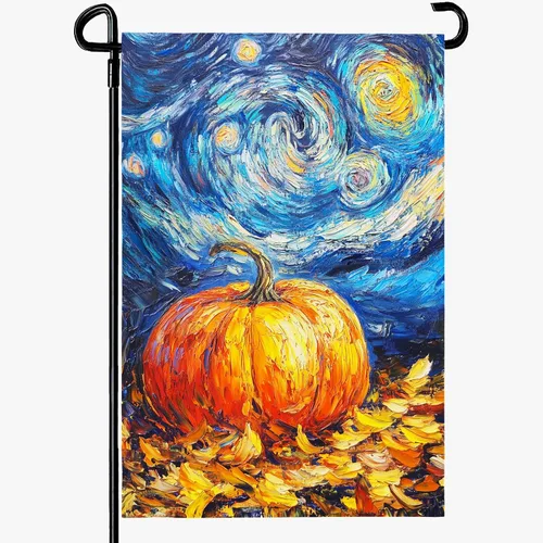 Miniatura 40 de Bandera de jardín de Halloween, bandera de jardín de calabaza Van Gogh, banderas de jardín, artes, cielo nocturno estrellado, luna, bandera