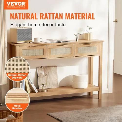 Miniatura 3 de Mesa consola de ratán VEVOR, mesa de entrada con 3 cajones de almacenamiento, mesa de pasillo con puerta corrediza de ratán natural, mesa consola