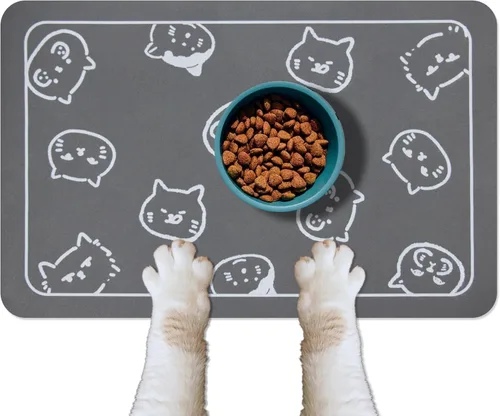 YCT Tapete de comida y agua para gatos para mascotas, antideslizante, súper absorbente, con múltiples logotipos de cabezas de gato, 24 x 16.9 Gris