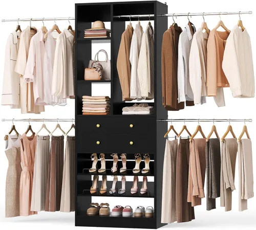 Besiost Sistema de Armario, Organizador de Armario de 4.2–8.8 Pies con 2 Cajones y Estantes de Madera, Sistema de Vestidor Walk-in con 5 Varillas