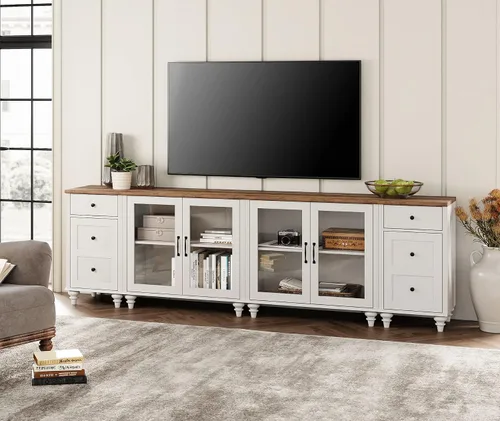 WAMPAT Soporte de TV grande para TV de 100 pulgadas, mesa consola de TV vintage para TV de 85, 90 y 95 pulgadas, centro de entretenimiento con Blanco