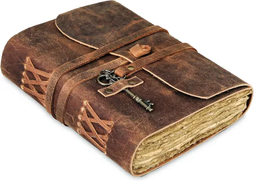 Diario de cuero con papel de borde picoteado de 17,78x12,7 cm y llave vintage | Cuaderno de escritura hecho a mano | Cuaderno diario encuadernado