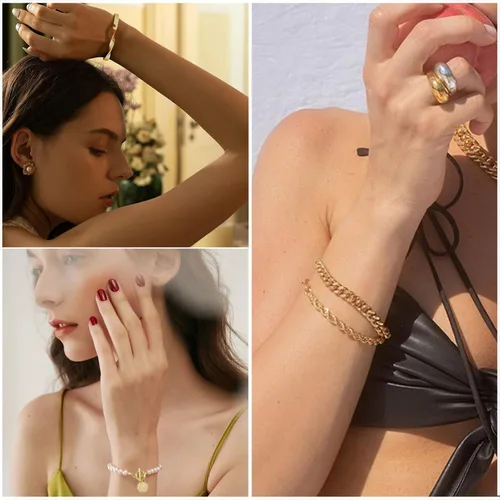 Miniatura 6 de IFKM Juego de 6 pulseras de cadena de oro bohemio para mujer, chapado en oro de 14 quilates, múltiples capas, apilables, abiertas, con eslabones