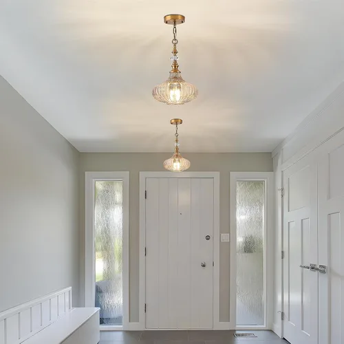 Miniatura 7 de Lámpara colgante de 3 luces, candelabro vintage dorado de granja para cocina, lámpara de techo colgante ajustable de vidrio ámbar para pasillo