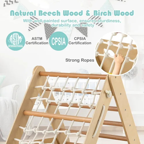 Miniatura 2 de HONEY JOY Escalador triangular 4 en 1 con rampa, escalera triangular de 3 lados para niños con cuerda de red y barras, juguetes de escalada Natural
