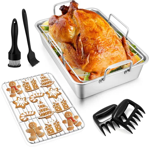 Joyfair - Sartén para asar con estante para pollo y pavo (7 unidades), juego de sartenes para asar de acero inoxidable, utensilios para hornear