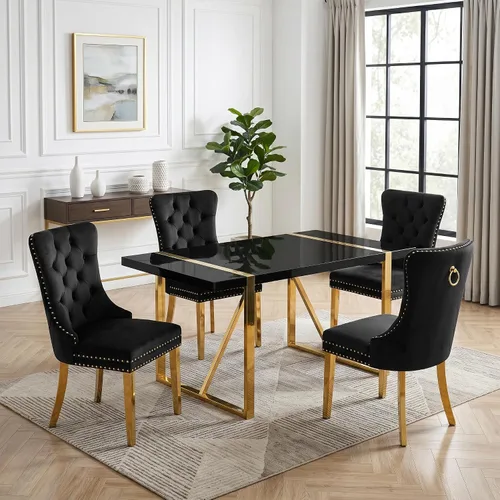 Miniatura 6 de Juego de mesa de comedor negra para 4, parte superior negra brillante de 55 pulgadas con patas de metal dorado, juego de mesa de comedor moderno