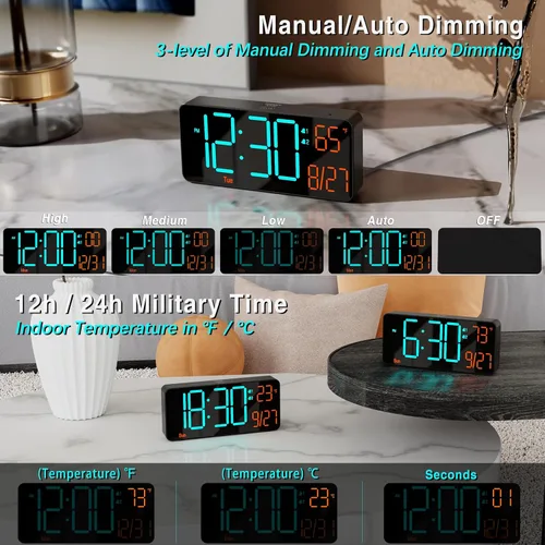 Miniatura 3 de KOSUMOSU Reloj digital para dormitorio de 6.7 pulgadas, despertador para sala de estar, atenuación automática, fecha, semana, segundos, temperatura