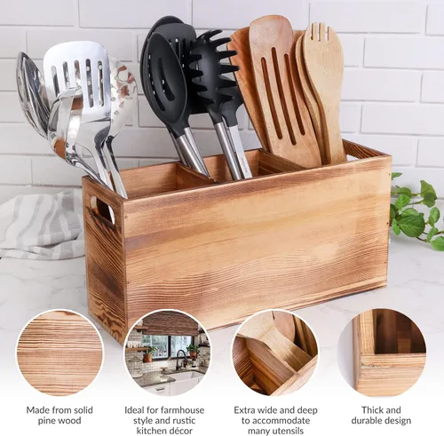 Miniatura 2 de Organizador de utensilios de madera para mostrador, organizador grande de utensilios de madera para encimera, almacenamiento de herramientas