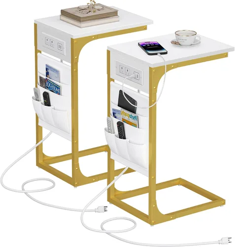 Miniatura 25 de TUTOTAK - Mesa auxiliar en forma de C, mesa lateral para sofá, mesa de sofá con bolsa de almacenamiento, bandeja para TV para sala de estar, Negro