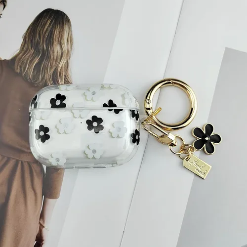 Miniatura 5 de Funda compatible con AirPods Pro 2 2022, TPU suave con bonito patrón de flores para AirPods Pro de 2ª/1ª generación con llavero de flores y Negro