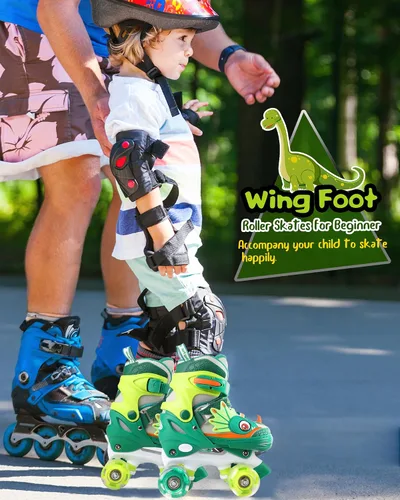 Miniatura 4 de Dino - Patines de ruedas para niños y niñas, WESKIFAN Dinosaur Quad Skating Shoes con ruedas brillantes y tamaños ajustables para principiantes