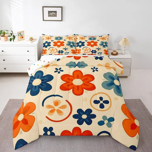 Miniatura 14 de Juego de ropa de cama floral retro, tamaño individual, vintage de los años 70 y 60, juego de edredón para niños, adultos y adolescentes, juego