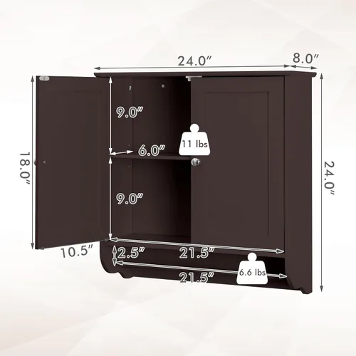 Miniatura 3 de Tangkula Armario de baño montado en la pared, botiquín de baño con barra y puerta doble, estante ajustable, almacenamiento sobre el inodoro, Marrón
