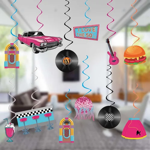 Miniatura 2 de Decoraciones para fiestas de los años 50, retro de los años 50, remolinos colgantes de música rock and roll, ensamblados y listos para usar