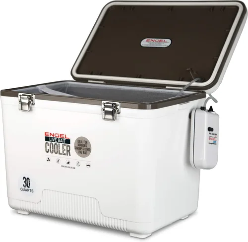 Miniatura 3 de Engel Caja enfriadora de cebo vivo con bomba aireadora de 2ª generación de 2 velocidades, estación de pesca portátil y cubo de pececillos para Blanco