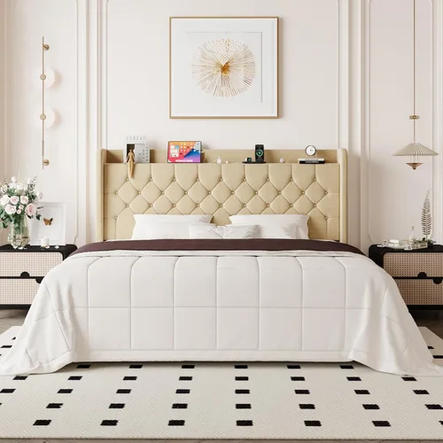 Miniatura 18 de Allewie - Base de cama tamaño King, cabecero con almacenamiento y estación de carga, tapizado en terciopelo, botones cosidos en forma de diamante