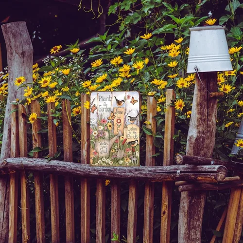 Miniatura 5 de Letrero de metal divertido con flores y pájaros, letrero rústico de metal de estilo campestre, planta un jardín, riega tu alma, letrero de jardín