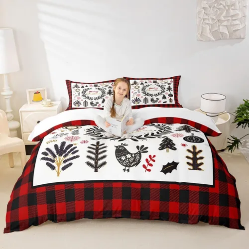 Miniatura 16 de Juego de funda de edredón para niños con diseño de Navidad, tamaño individual, camiones rojos y árboles de pino con copos de nieve, decoración