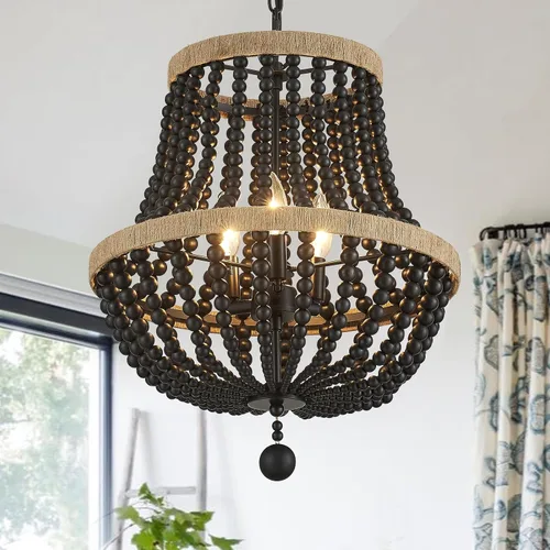 Miniatura 7 de Lámpara de araña bohemia de 3 luces de granja, luz colgante de cuentas de madera, lámpara colgante rústica antigua para cocina, isla, pasillo, Blanco