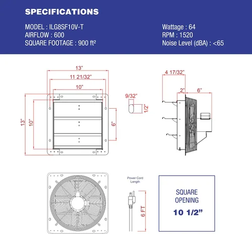 Miniatura 3 de iLiving ILG8SF10V-T, Ventilador de obturación de escape de 10 pulgadas para ático, garaje, tienda de cultivo, ventilación con termostato de 3