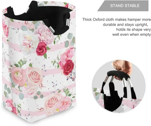 Miniatura 3 de Cesta de lavandería con diseño de rosas rosas, portátil, plegable, organizador de ropa con asas, bolsa de almacenamiento para habitación de niños