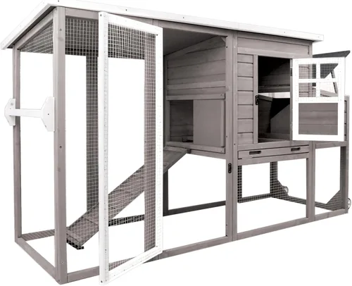 Gowoodhut Gallinero de madera maciza con jaula grande de 2 pisos, techo de asfalto, caja nido, ruedas de PU, perca de pollo con poste Techo
