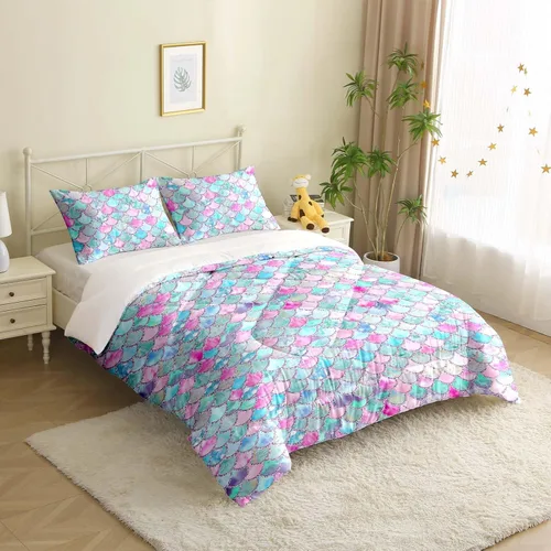 Miniatura 3 de MUSOLEI Juego de edredón de sirena para niñas, colcha de sirena con escamas arcoíris 3D, juego de ropa de cama twin duradero para niñas, juego