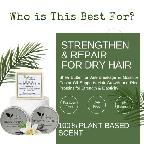 Miniatura 2 de Juego de Barra de Champú y Acondicionador /liv/ Nature con Estuche de Viaje Fortalece y Repara el Cabello Seco Coco, Aceite de Ricino, Manteca