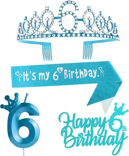 Miniatura 27 de Decoraciones de cumpleaños número 7 para niña, que incluyen corona/tiara de cumpleaños número 7, banda, adorno para pastel de cumpleaños y velas