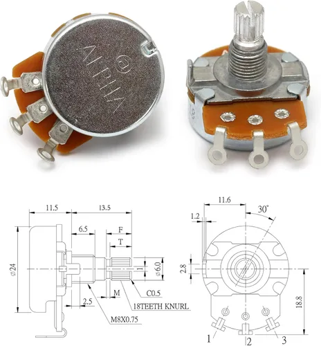 Miniatura 2 de Alpha Pots Log A250k Potenciómetro de audio de volumen Electrónica para guitarra eléctrica o bajo (más grande A250k)