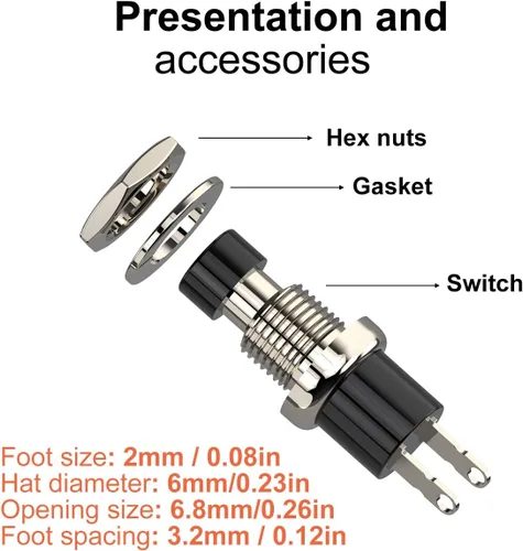 Miniatura 4 de Interruptor de botón momentáneo, 1A 250VAC SPST Mini interruptores de botón cerrado normal (NC) tapa negra y roja - 10 piezas