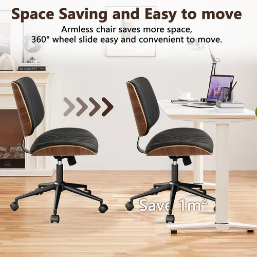 Miniatura 5 de CLATINA Silla de oficina en casa sin brazos, silla de escritorio con ruedas, silla de lectura de altura ajustable, respaldo medio de cuero y silla