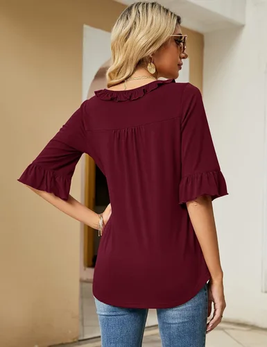 Miniatura 5 de Ivicoer Camisetas casuales con cuello en V para mujer, holgadas, para verano, otoño, mangas 34 acampanadas, tops, blusas túnica con volantes