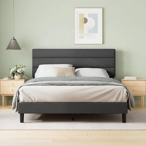 Zinus Queen Piper - Cama de plataforma tapizada con cabecera con paneles horizontales, soporte de listones de madera, no necesita somier, fácil