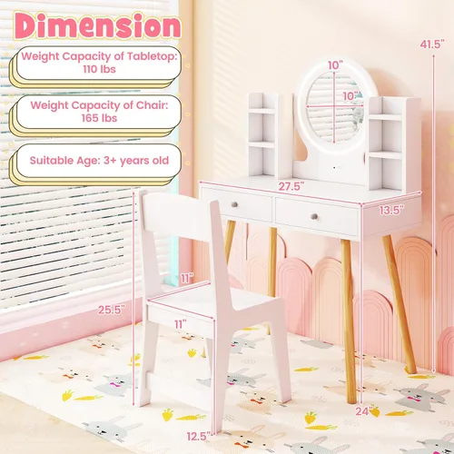 Miniatura 8 de HONEY JOY Juego de tocador para niños, juego de tocador para niñas con espejo y taburete y luces, cajones y estantes de almacenamiento, mesa