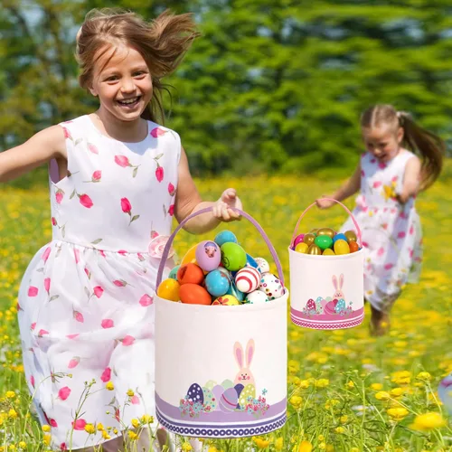 Miniatura 6 de LessMo - Canasta de conejito para huevos de Pascua, color púrpura, bonita, personalizable, de lona y algodón, canasta para búsqueda de huevos
