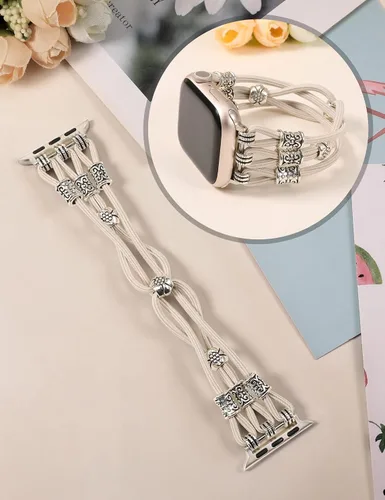 Miniatura 3 de TOYOUTHS Correa bohemia compatible con Apple Watch Band de 1.65, 1.57, 1.57 y 1.49 pulgadas, con cuentas, trenzada, elástica, occidental, elegante