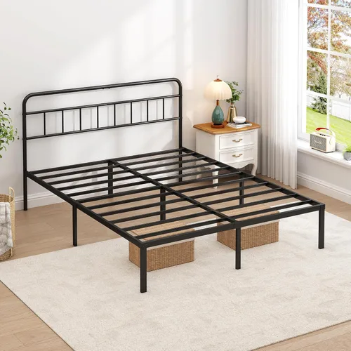 Miniatura 5 de Base de cama Queen con cabecera clásica, fuerte soporte de listones de metal, espacio de almacenamiento debajo de la cama, no necesita somier, fácil