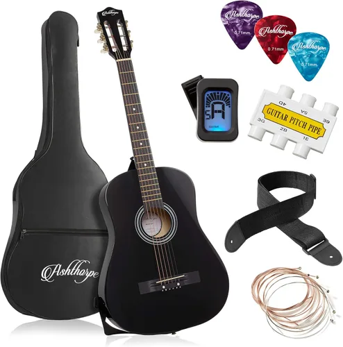 Miniatura 20 de Ashthorpe - Paquete de guitarra acústica para principiantes de 30 pulgadas (negro), kit básico de iniciación con funda, cuerdas, correa, afinador