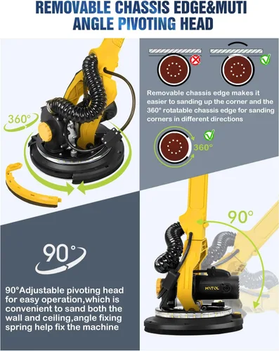 Miniatura 5 de Lijadora para Paneles de Yeso, MYTOL Lijadora Eléctrica de Pared de 7.2A con Recolección de Polvo al Vacío, 6 Velocidades Ajustables 900-1800 RPM
