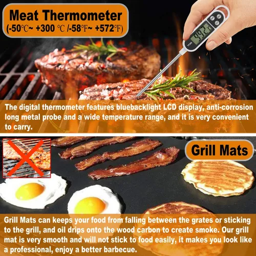 Miniatura 7 de POLIGO 28 accesorios para asar en bolsa con inyector de carne, garras de barbacoa, esteras, termómetro para ahumador, juego de utensilios de Negro