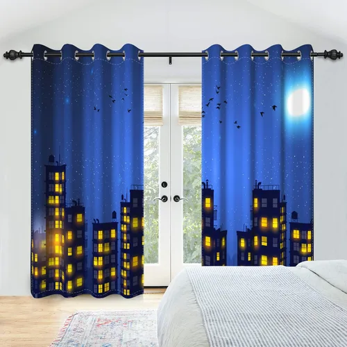 Miniatura 3 de Cortinas de superhéroe de 53 x 84 pulgadas, diseño de dibujos animados, cómic, edificios de ciudad, edificios, 2 paneles de oscurecimiento