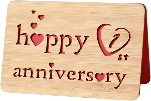 Tarjeta de felicitación de madera para el primer aniversario, hecha a mano, 1 año, aniversario de boda, tarjeta de primer aniversario para ella, él,