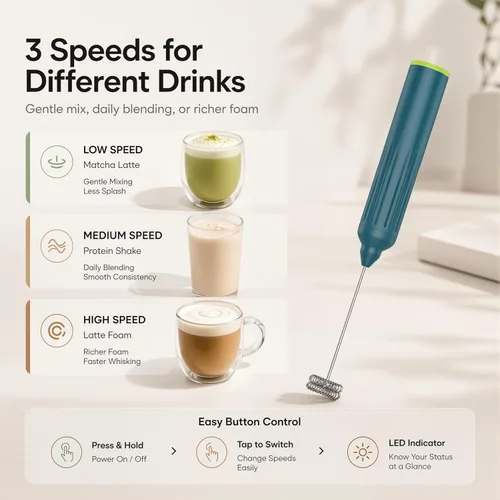 Miniatura 3 de Espumador de leche de mano con 3 batidores de acero inoxidable, mezclador eléctrico recargable de bebidas con soporte y estuche de viaje, espumador