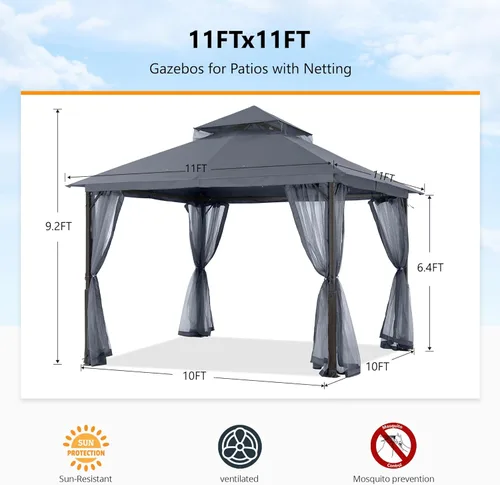 Miniatura 3 de ABCCANOPY Gazebo para patio al aire libre, 11 x 11 pies, toldo de doble techo con mosquitera para patio trasero, terraza, jardín, césped, gris oscuro